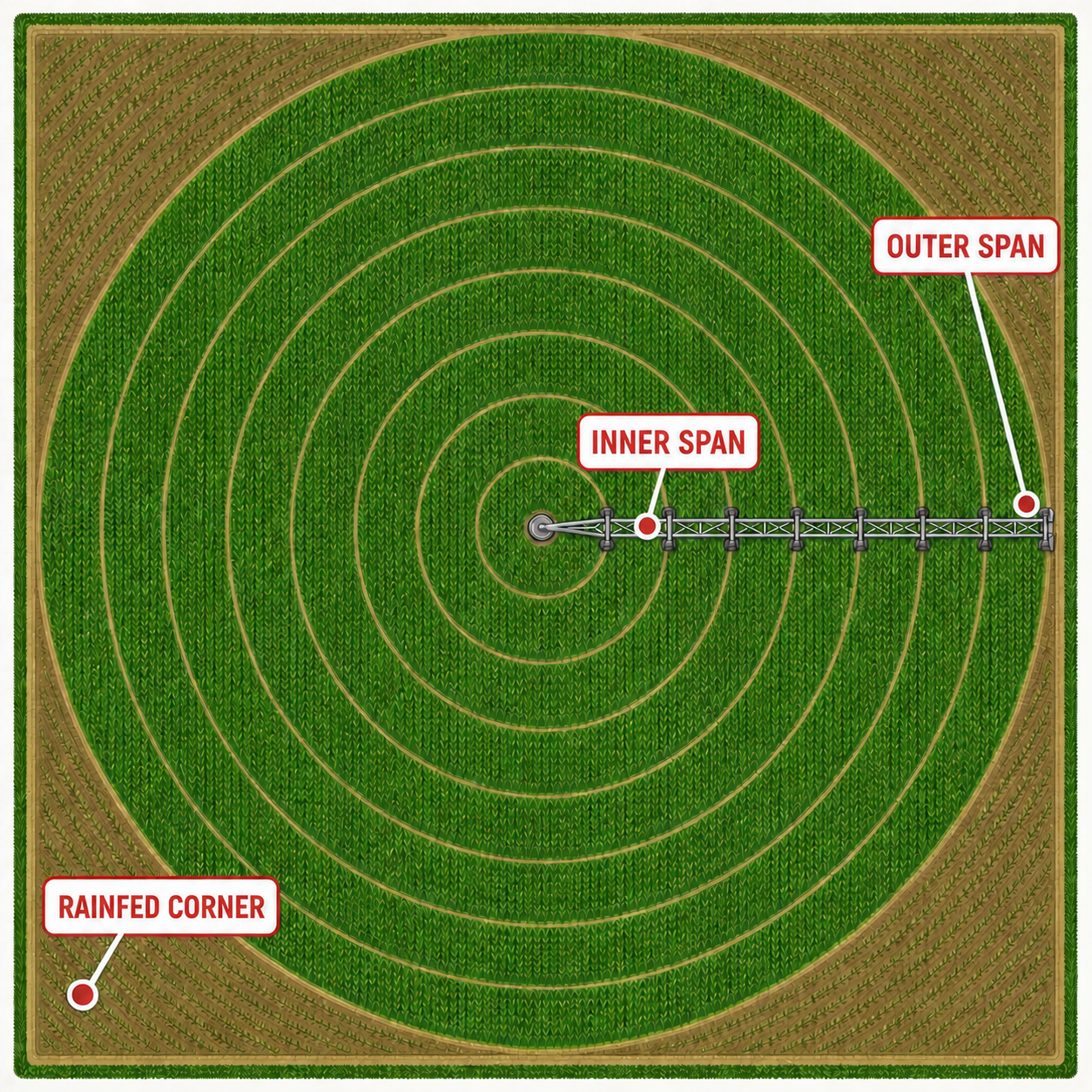 Bird's-eye illustration of a square corn field showing inner-span and outer-span sensing positions under a circular center pivot and a rainfed corner outside the irrigated circle